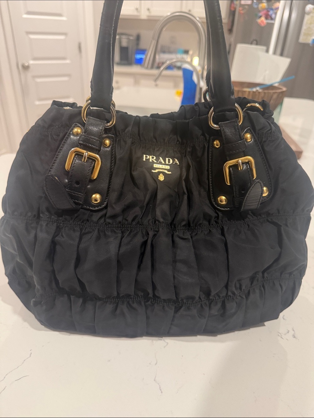 Prada Black Ruched Nylon Shoulder Bag with Gold Hardware